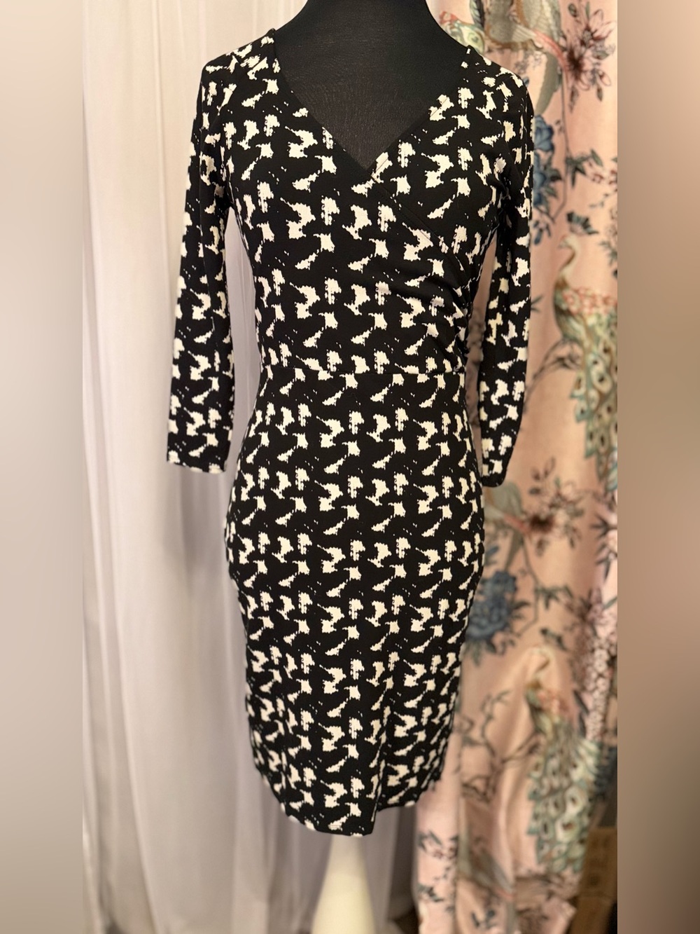 Ann Taylor Petite Black White Print Wrap Sheath Dress XSP EUC